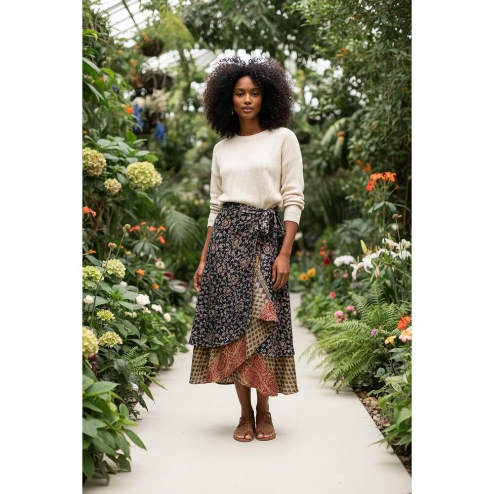Reversible Boho Floral & Paisley Wrap Skirt Adjustable Tie Waist Multi-Color - Picture 2 of 12